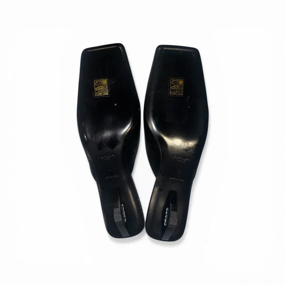 PRADA Satin Triangle Heel Mules Black Square Toe Kitten Heel IT 40 US 10 Slides - Picture 12 of 13